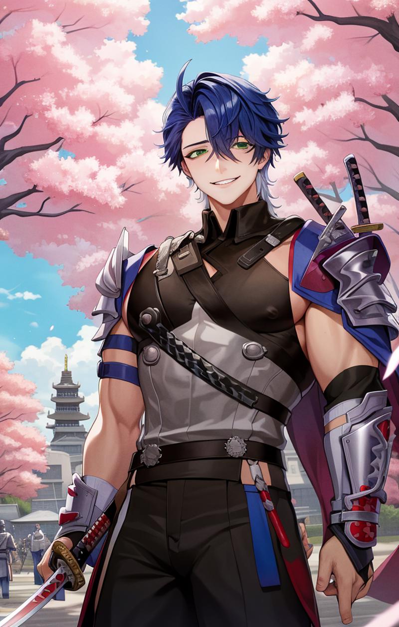 38640-169155439-highres, detailed, soft lighting, outdoors, cherry blossom trees, (samurai armor_1.1), holding sword, toned male, male focus, gr.png